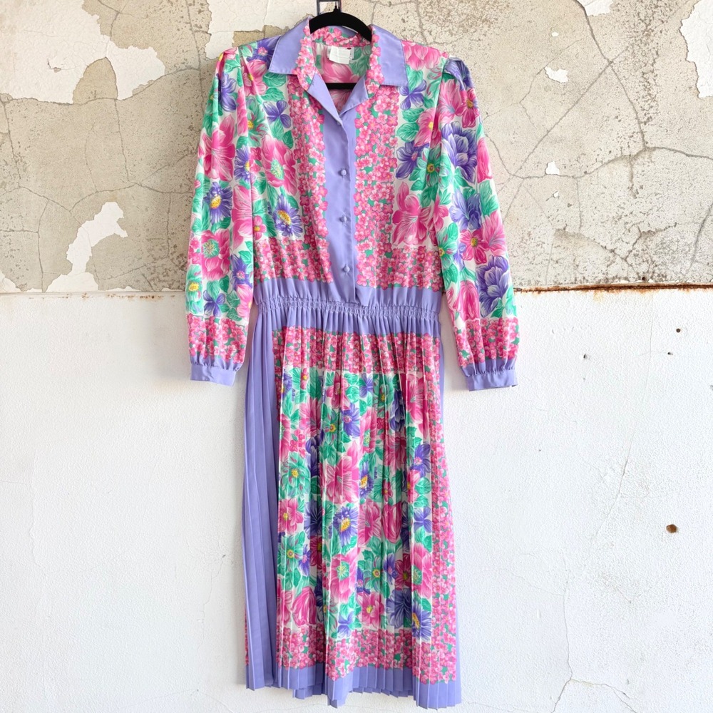 Vtg 70s Serbin Marianne‎ Dress Pleated Pastel Retro Floral Midi Belted Womens 12